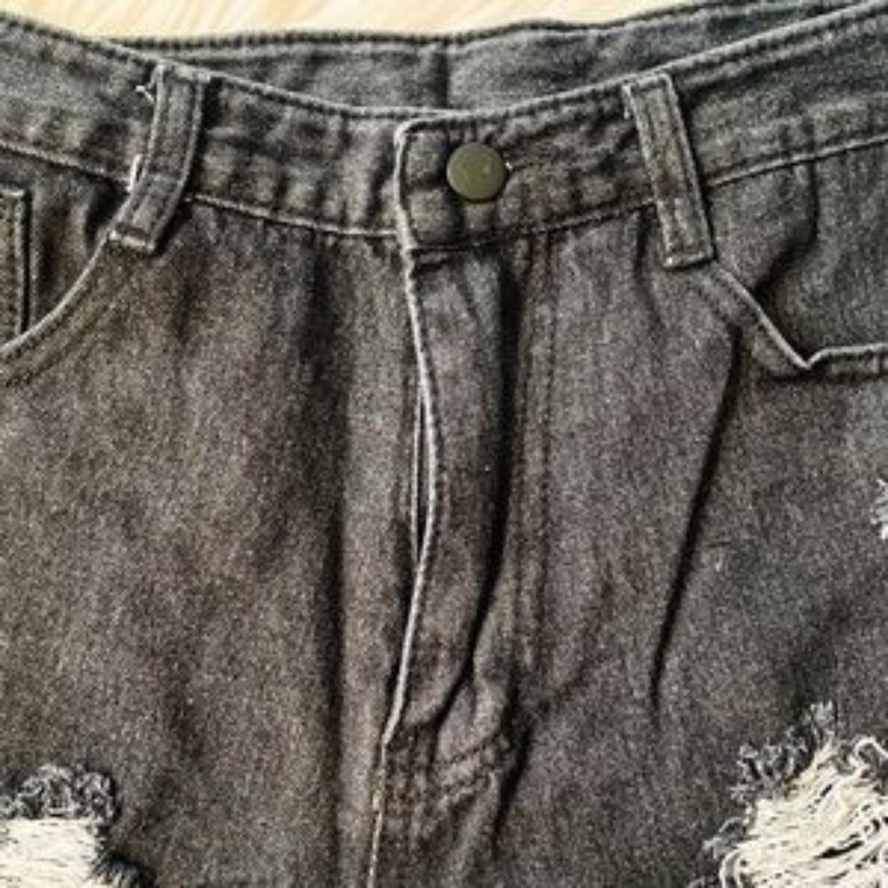 1 LEFT! Black Destroyed High Rise Jean Shorts - Picture 5 of 7